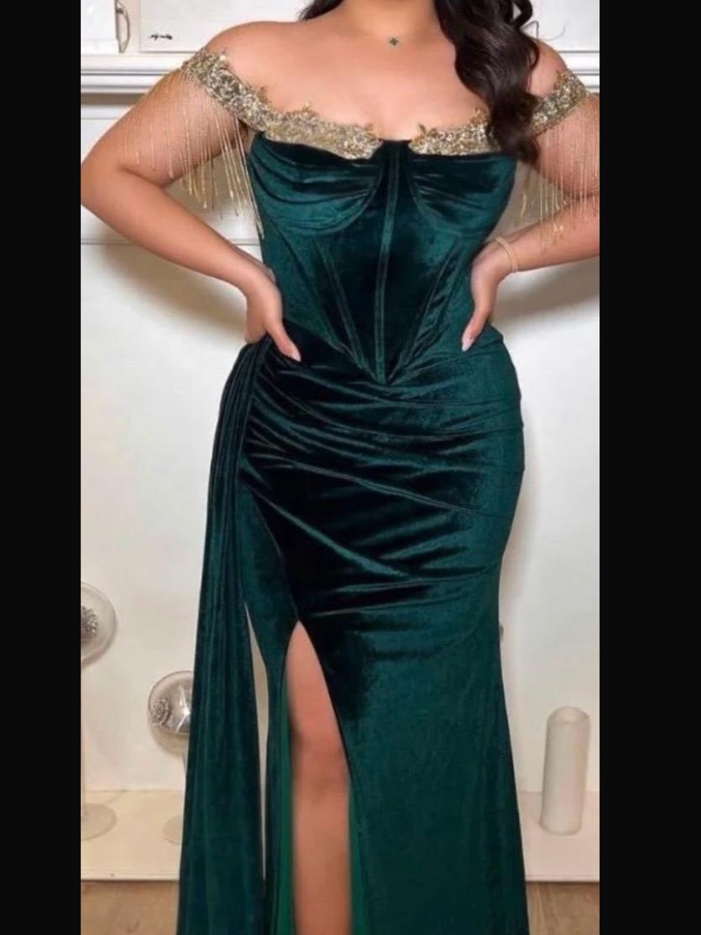 Portia and Scarlett Emerald Velvet One-Shoulder Evening Gown with Gold Fringe